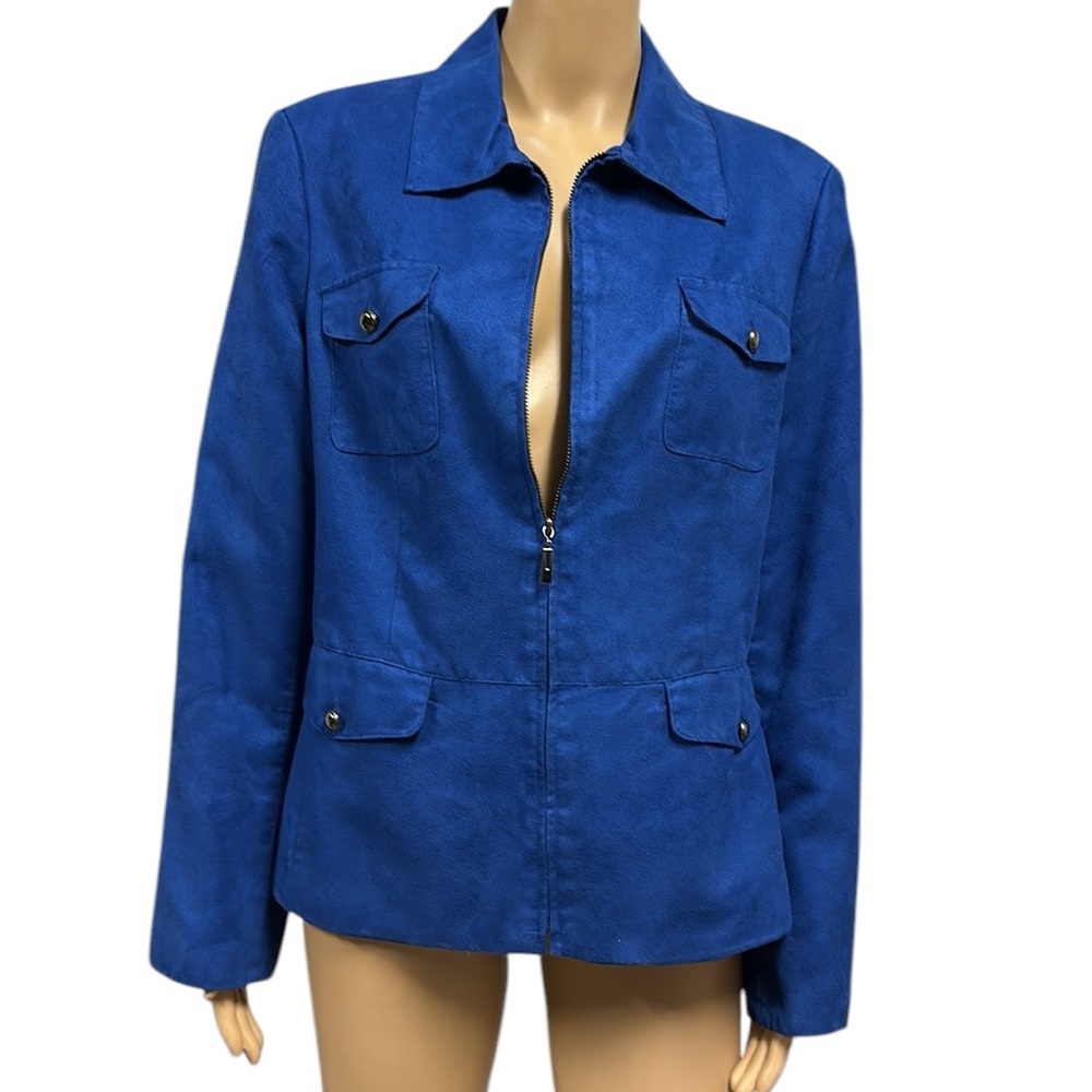 Evan Picone Blue Sueded Zip Up Jacket 4 Button Flap Pockets Womens 14